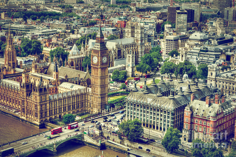 Big Ben, Westminster Bridge on River Thames in London, the UK aerial view Photograph by Michal Bednarek