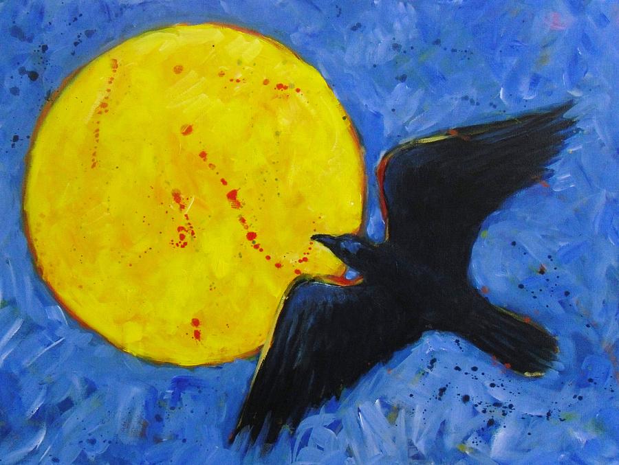 Big Full Moon and Raven Painting by Carol Suzanne Niebuhr