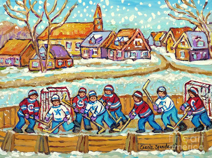 Big Hockey Game Outdoor Ice Rink Snowy Winter Scene Painting Canadian Art C Spandau Quebec Artist    Painting by Carole Spandau