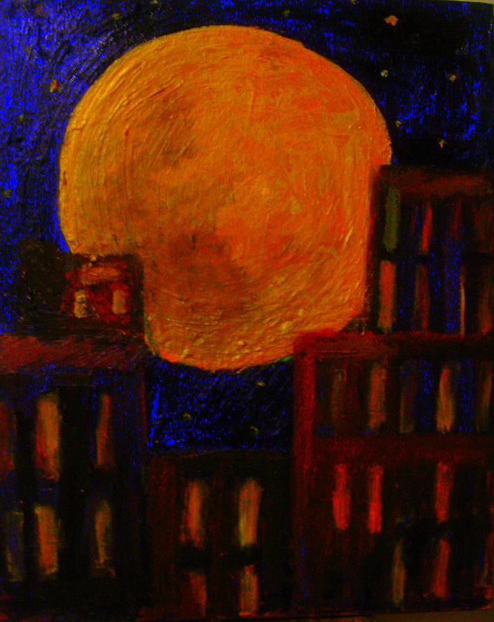 Nighttime Painting - Big Moon in City by Rebecca  Both