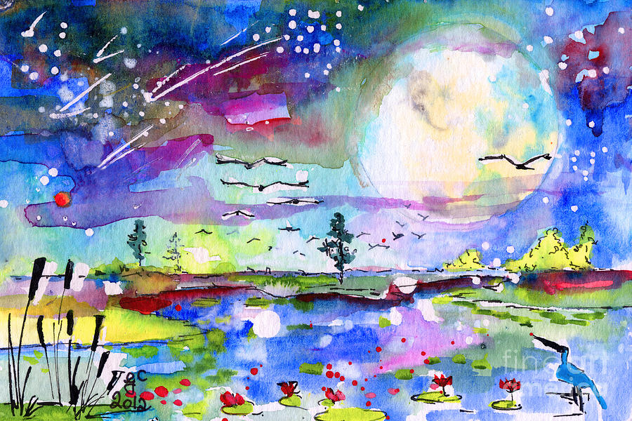 Big Moon Wetland Magic Painting by Ginette Callaway