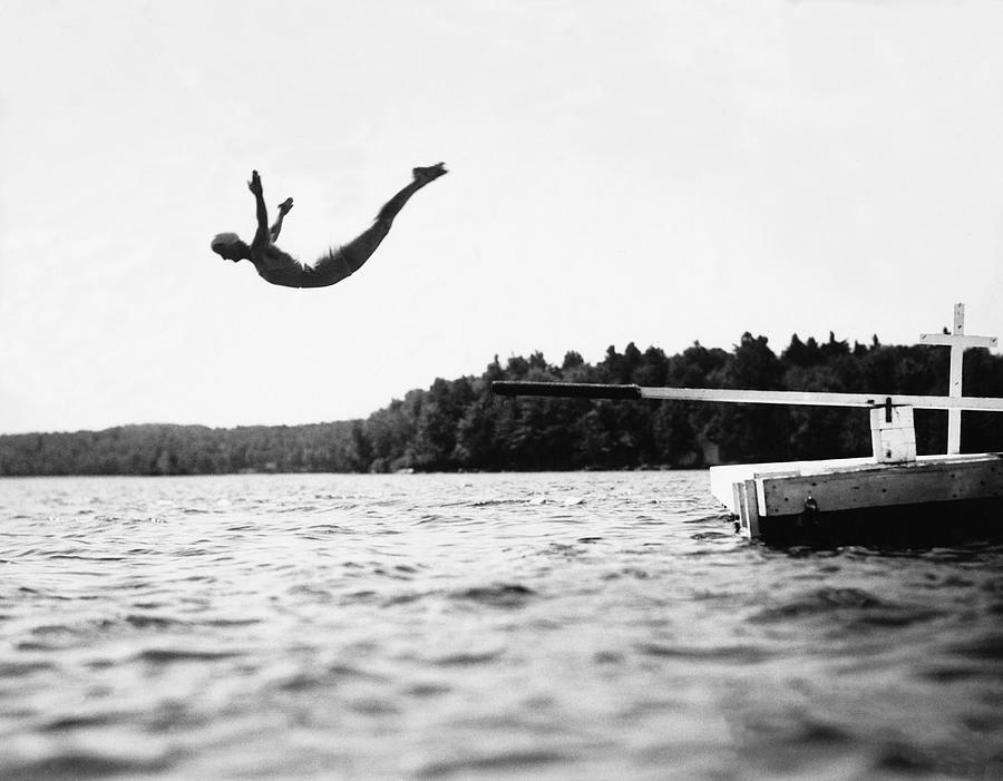 Vintage Photograph - Big Pond Swan Dive by Underwood Archives