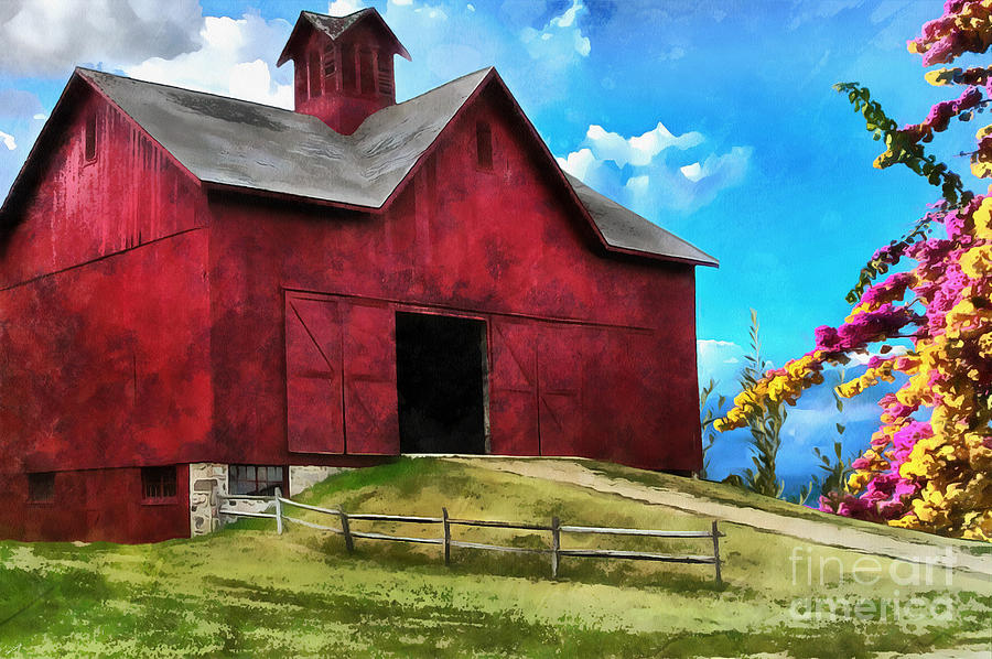Big Red Barn Painting By L Wright
