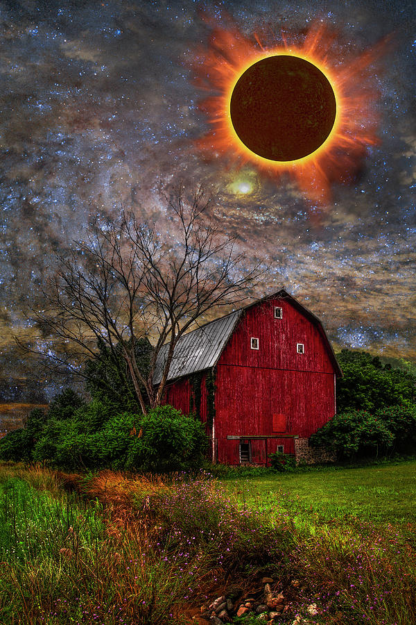 Big Red Barn Under Full Solar Eclipse Photograph by Debra and Dave Vanderlaan
