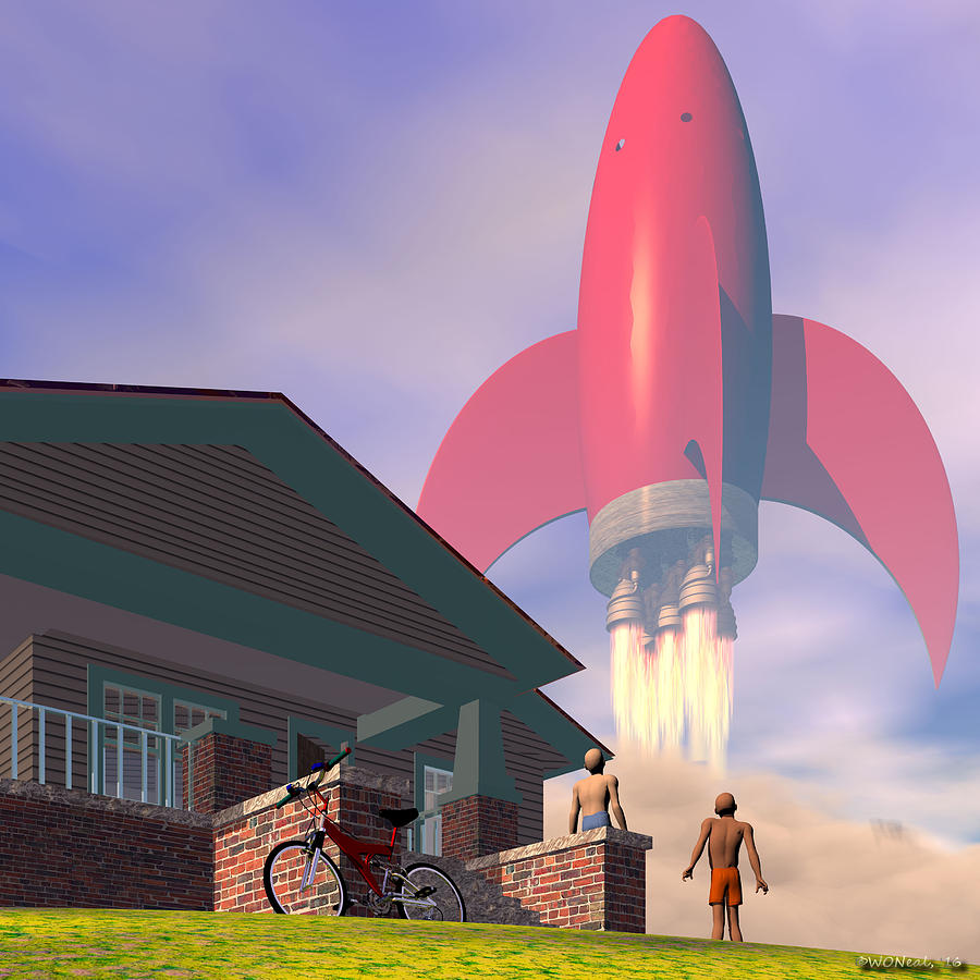 Fantasy Digital Art - Big Red Rocket Ship by Walter Neal