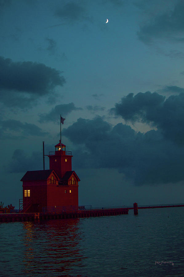 Big Red Lighthouse Holland Michigan With Crescent Moon Photograph by Ken Figurski