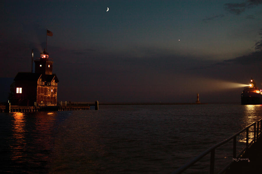 Big Red Lighthouse Holland Michigan With Freighter Darker Photograph by Ken Figurski