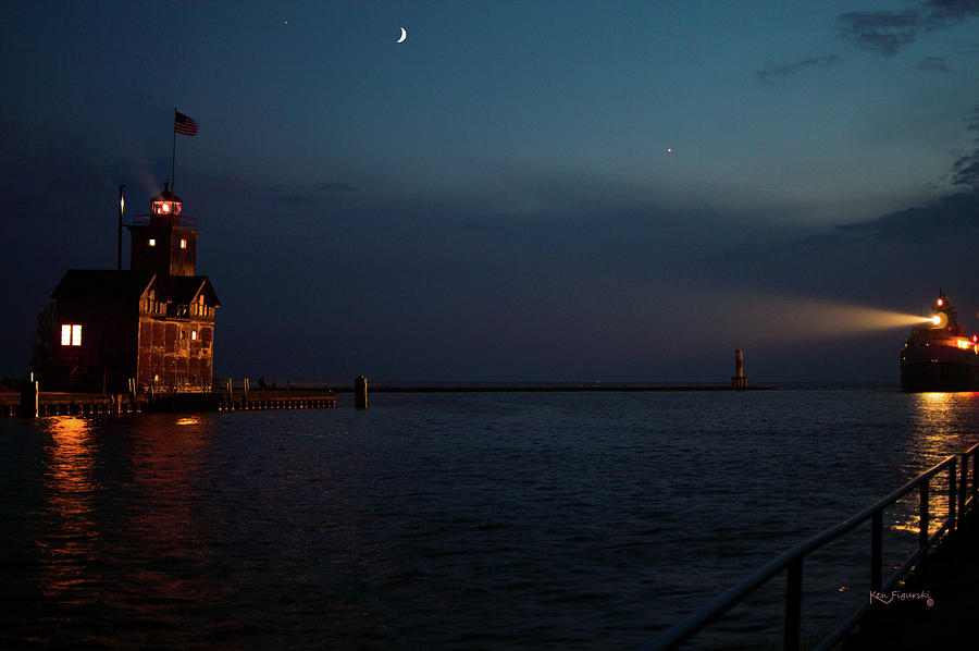 Big Red Lighthouse Holland Michigan With Freighter Photograph by Ken Figurski