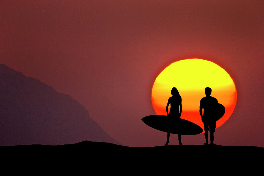 Sunset Photograph - Big Sun Surfers by Sean Davey