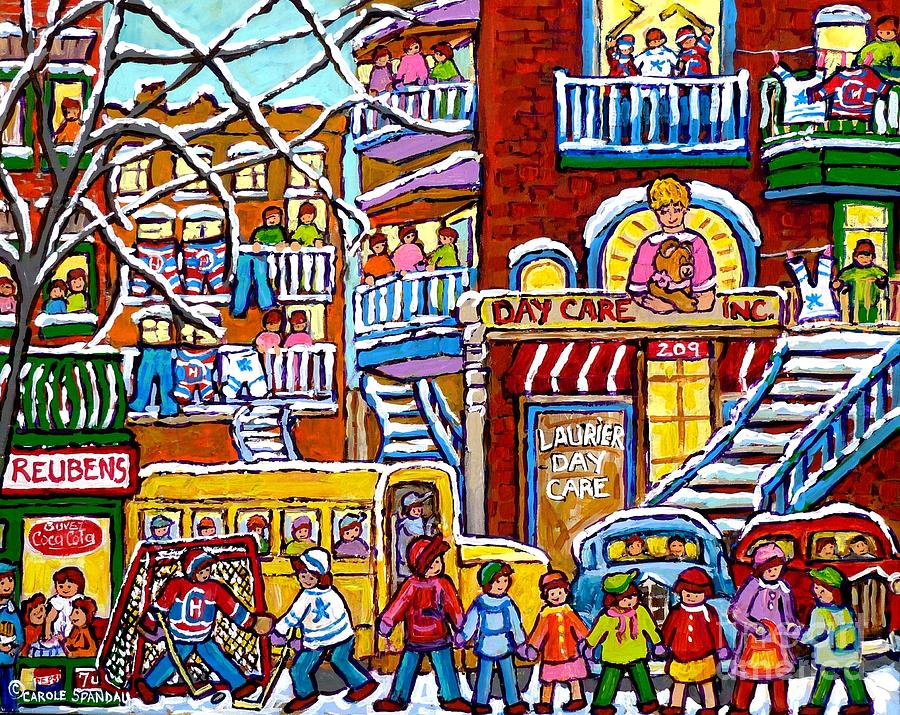 Big Yellow School Bus Teddy Bear Daycare Montreal Street Hockey Kids Winter Art Scene Carole Spandau Painting by Carole Spandau