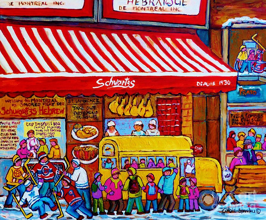 Big Yellow Schoolbus At Schwartz Deli Original Winter Scene Hockey Art Painting For Sale C Spandau   Painting by Carole Spandau