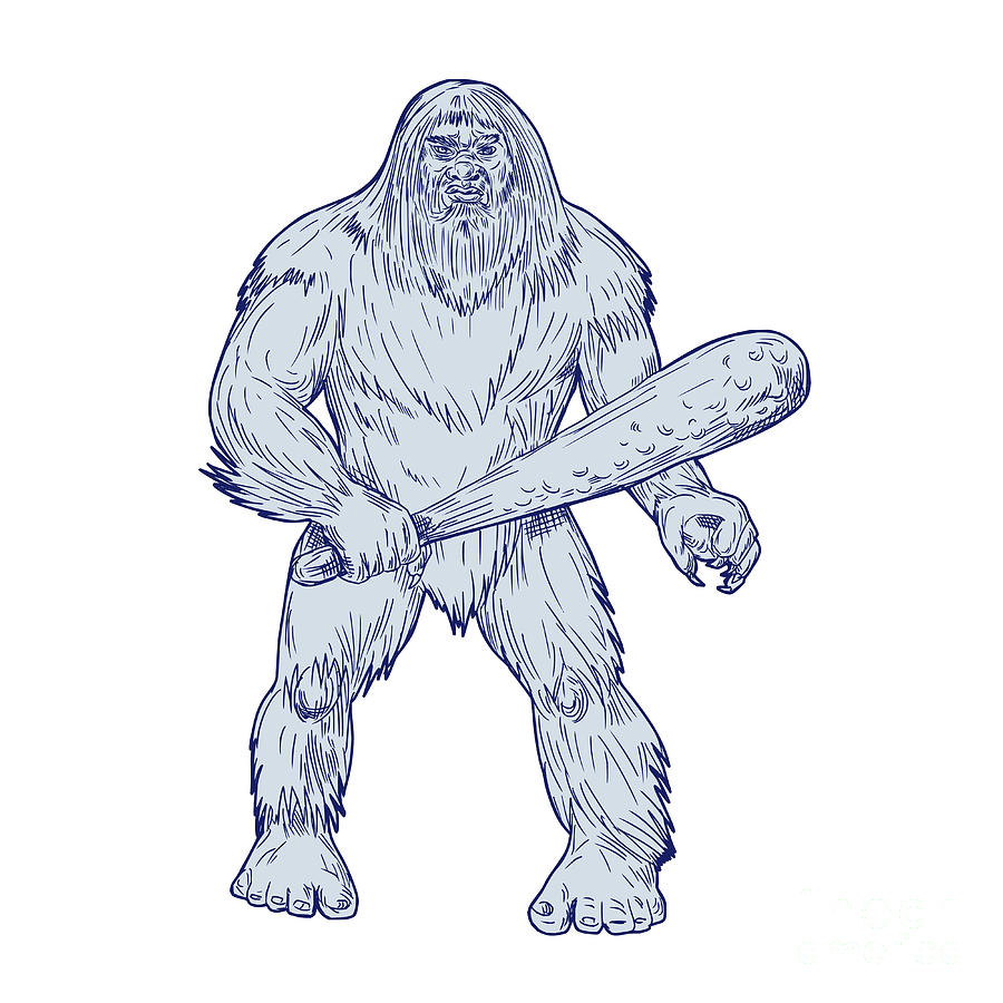Bigfoot Holding Club Standing Drawing Digital Art by Aloysius