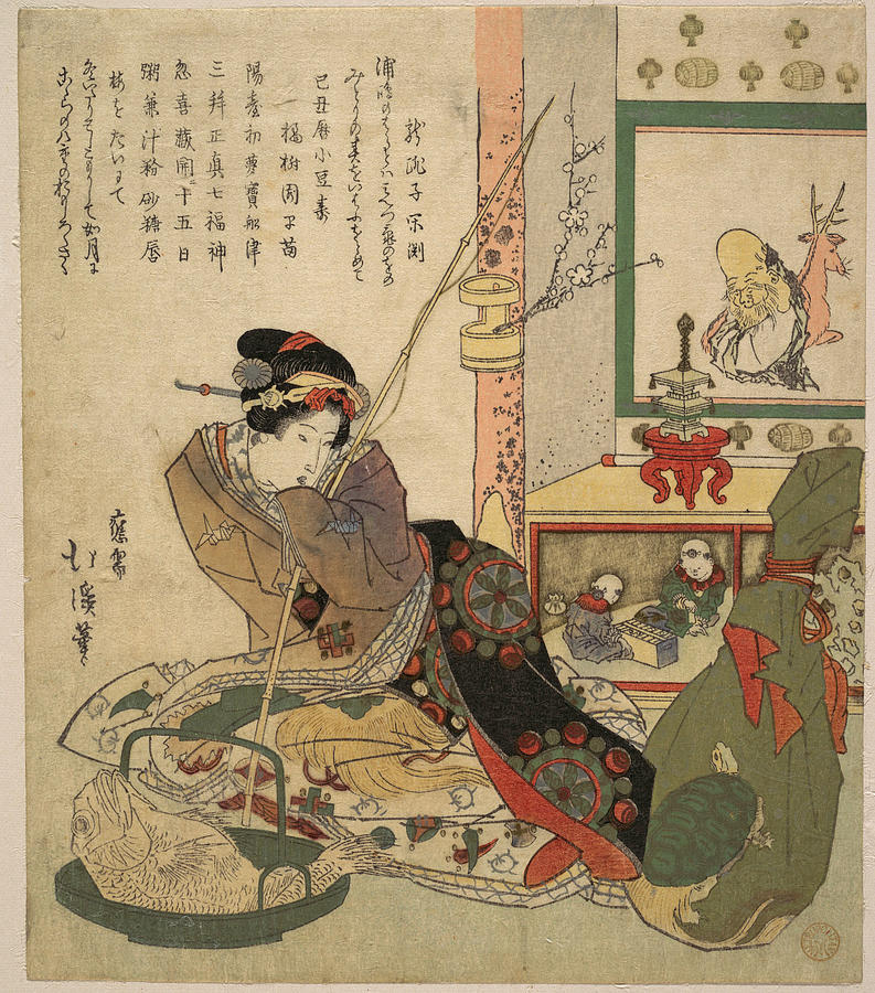 Totoya Hokkei Drawing - Bijin Urashima and the Seven Fortune Beings  by Totoya Hokkei