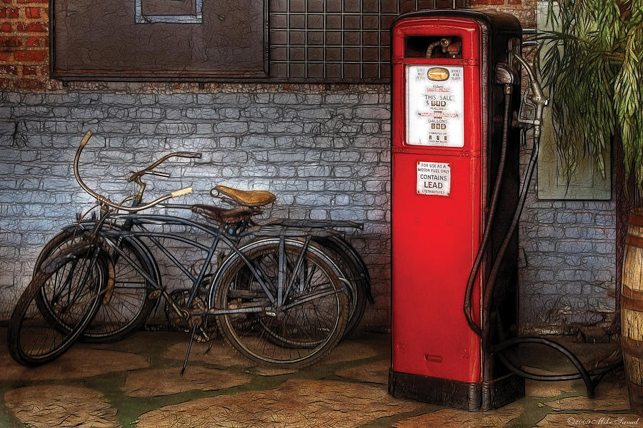 Bicycle Photograph - Bike - Two Bikes and a Gas Pump by Mike Savad