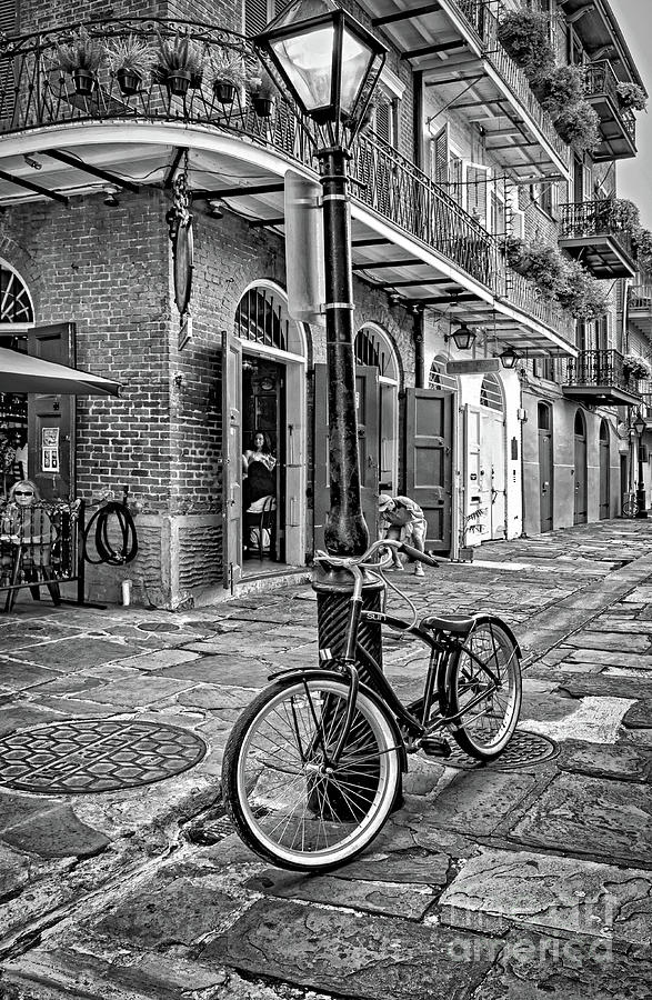 Bike and Lamppost in Pirates Alley- BW Photograph by Kathleen K Parker
