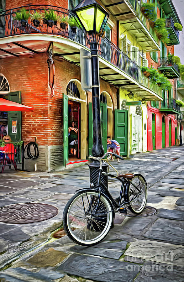 Bike and Lamppost in Pirates Alley-Painted Photograph by Kathleen K Parker