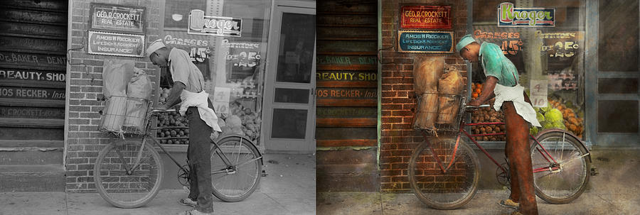 Bike - Delivering groceries 1938 - Side by Side Photograph by Mike Savad