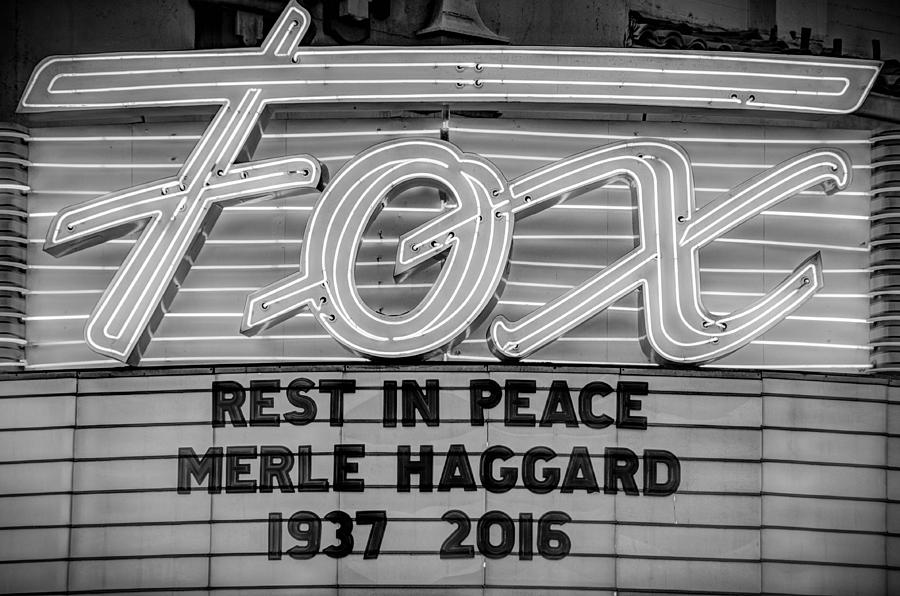 Billboard Merle Haggard RIP black and white Photograph by Connie Cooper-Edwards