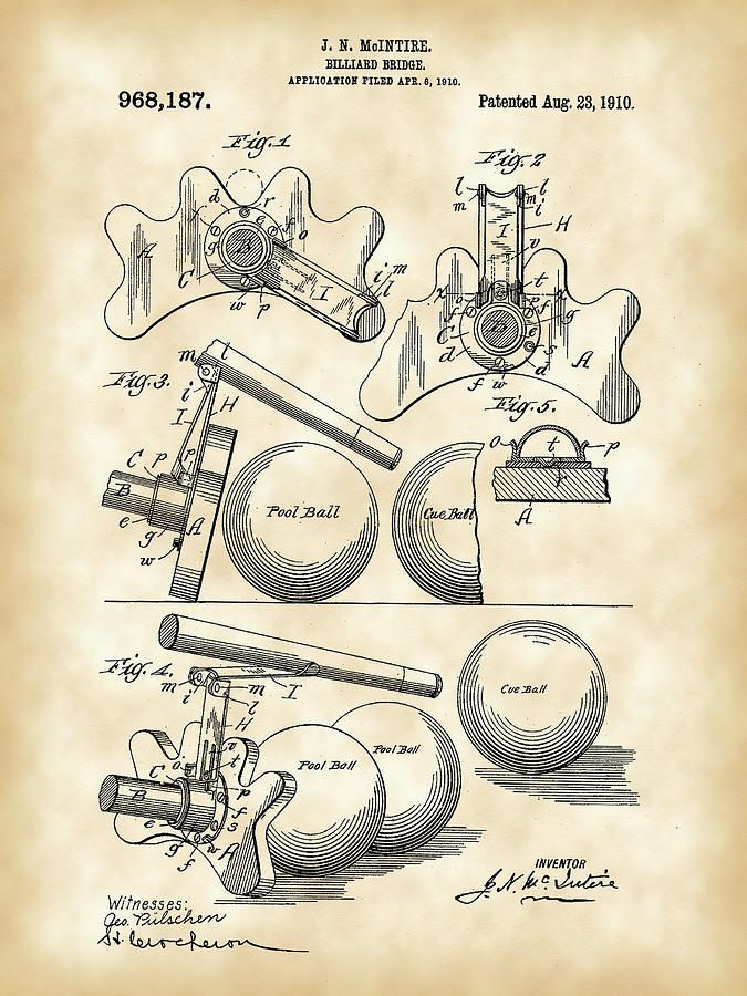 Ball Digital Art - Billiard Bridge Patent 1910 - Vintage by Stephen Younts