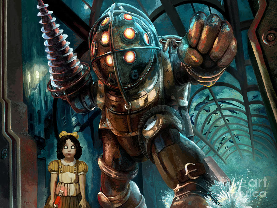 Bioshock Big Daddy and Little Sister Swimming with the Sharks Painting by Jackie Case