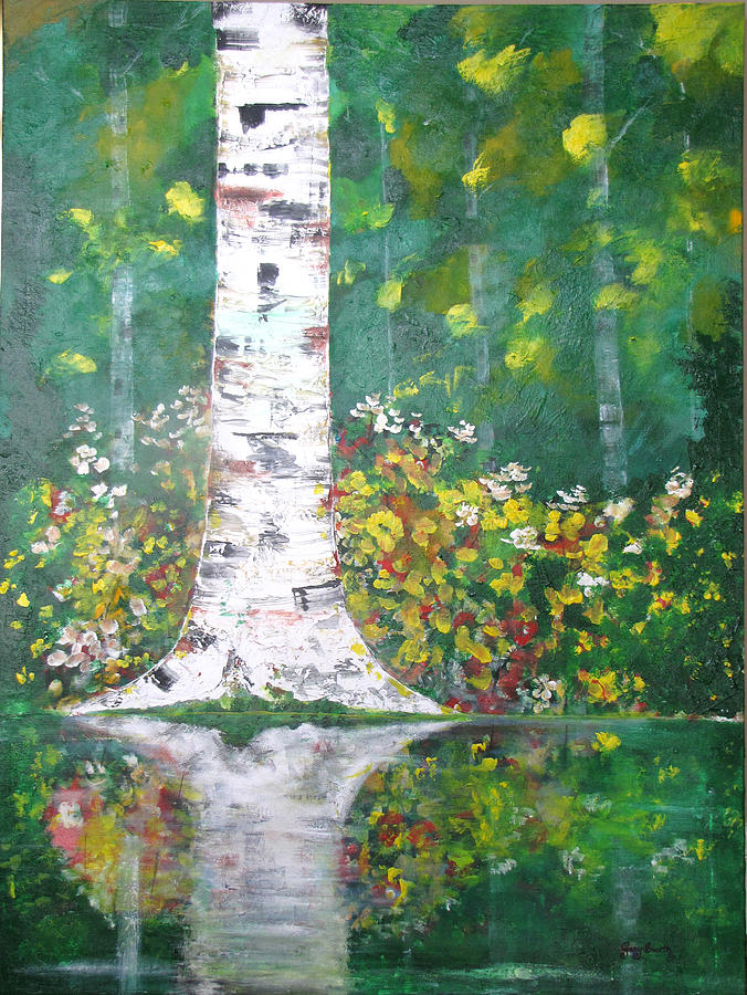 Flowers And A Birch Tree Painting by Gary Smith
