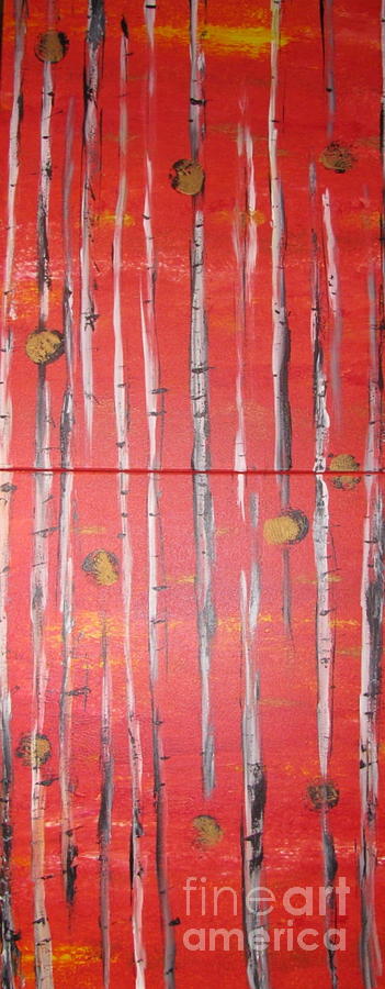 Birch Trees - Red Painting by Jacqueline Athmann