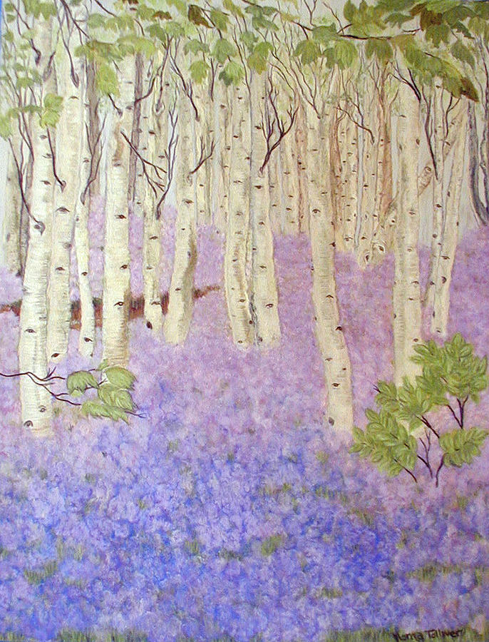 Tree Painting - Birch Trees and Grape Hyacynths by Norma Tolliver