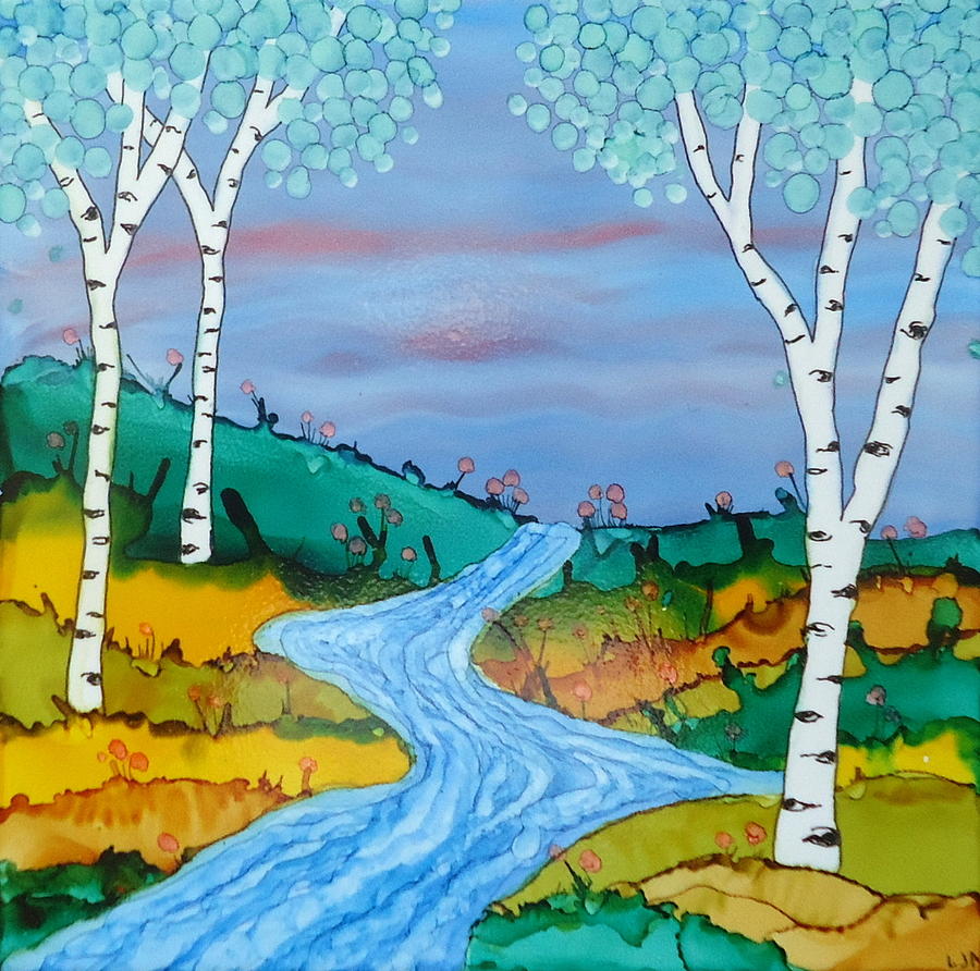 Birch Trees and Stream Painting by Laurie Anderson