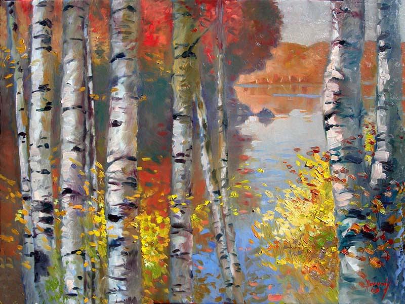 Birch trees by the lake Painting by Ylli Haruni