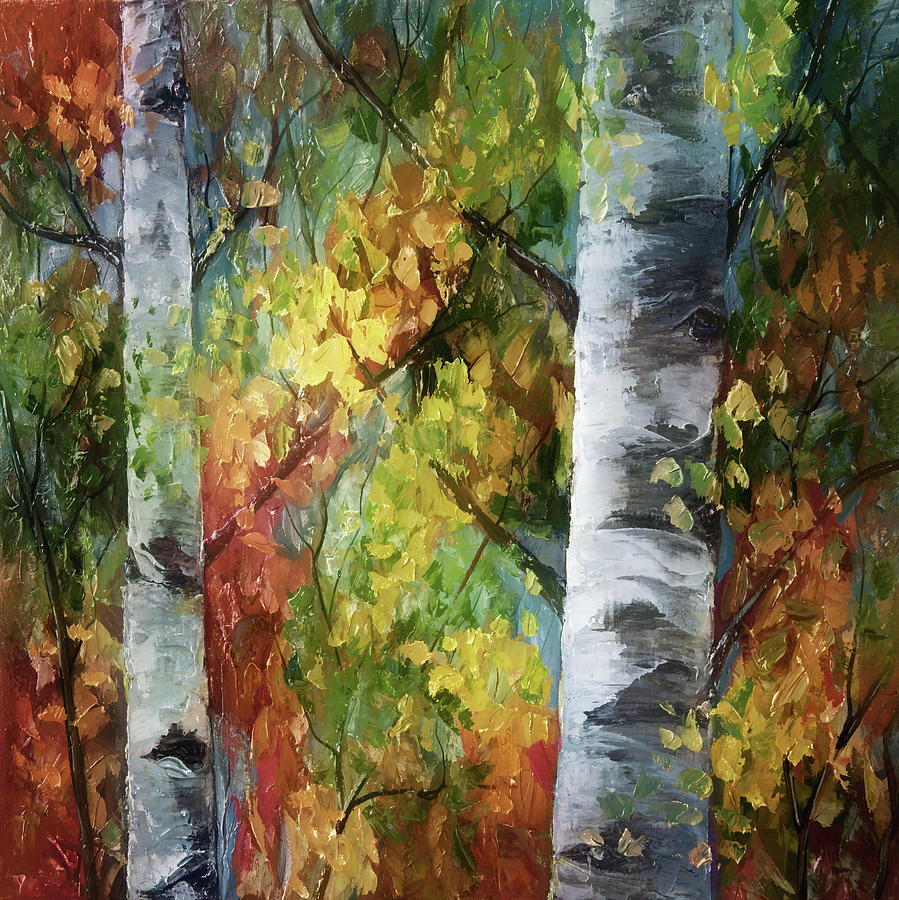 Birch Trees - III Painting by Lena Owens - OLena Art Vibrant Palette Knife and Graphic Design