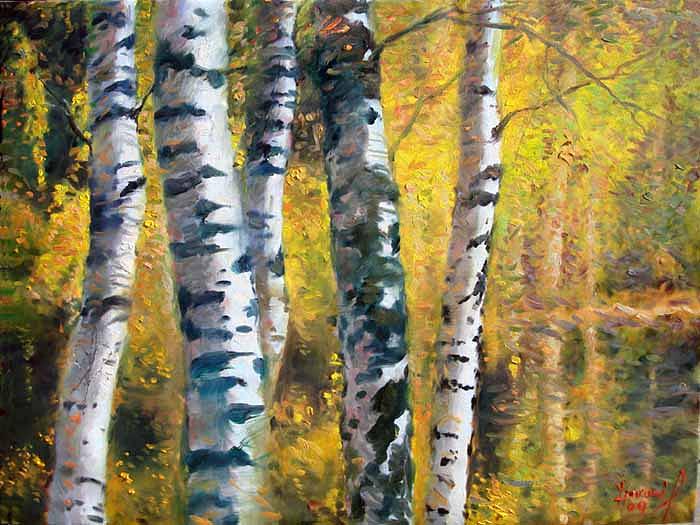 Birch trees in golden fall Painting by Ylli Haruni