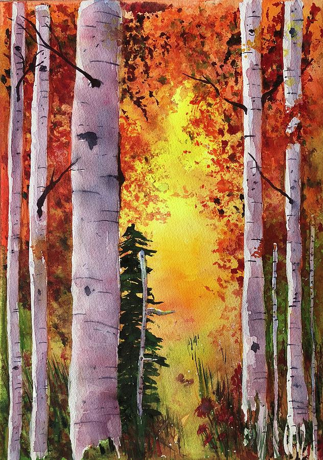 Watercolor Painting of deals Alaskan Birch Trees in Winter at Sunset