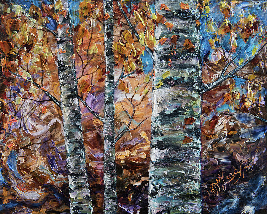 Birch Trees oil painting with Palette Knife  Painting by OLena Art