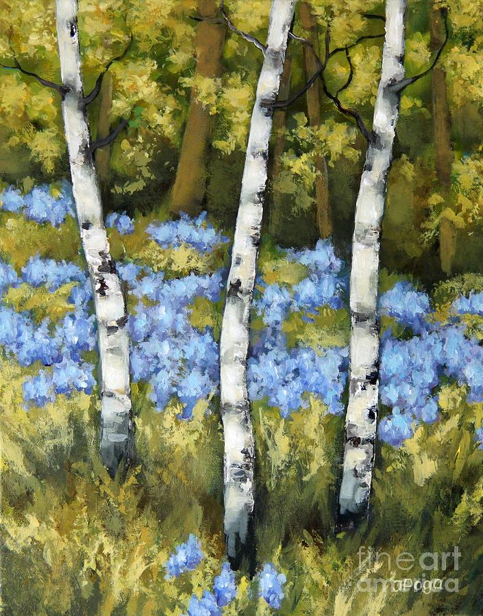 Birches and bluebells Painting by Inese Poga