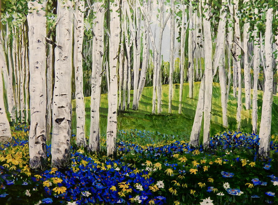 Birches and Some  Blues Modified Painting by Betty-Anne McDonald
