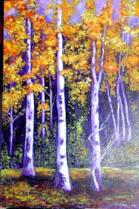 Birches in Canadian fall Painting by Marie-Line Vasseur