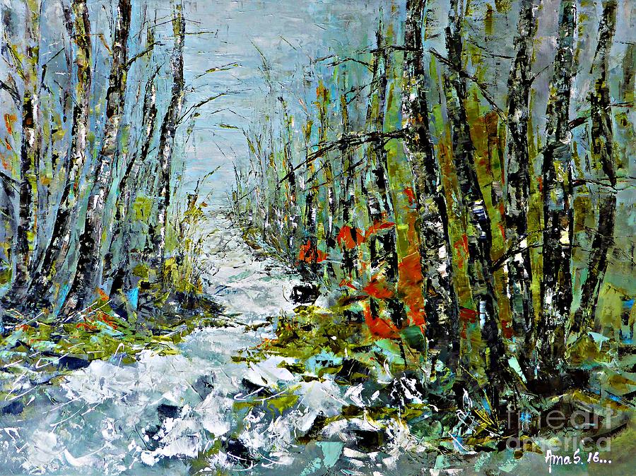 Birches near waterfall Painting by Amalia Suruceanu