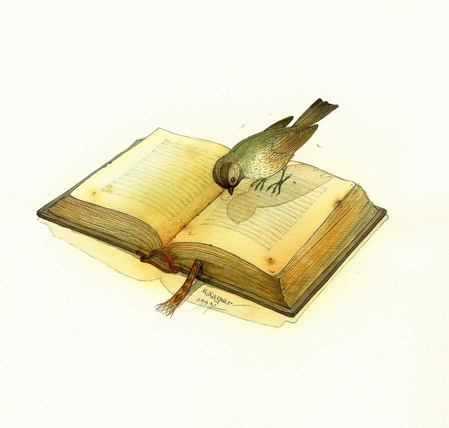 Bird and Book Painting by Kestutis Kasparavicius