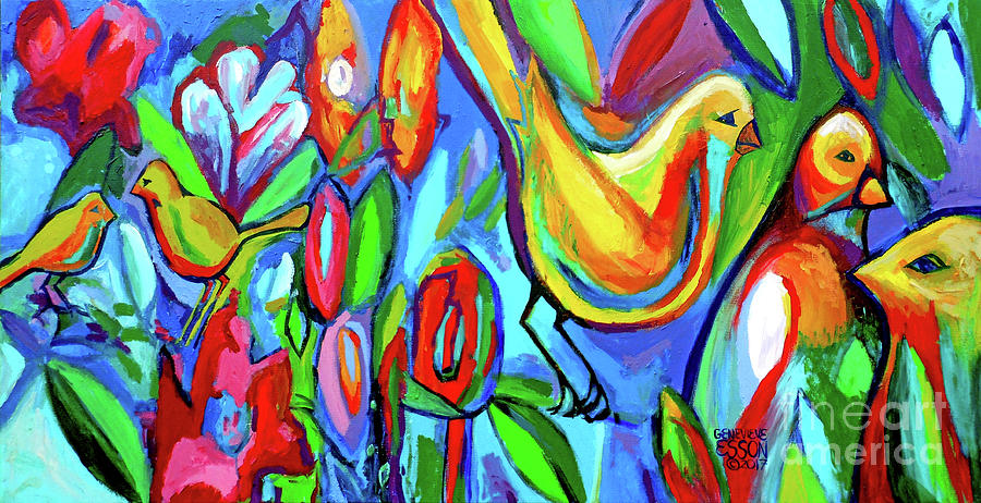 Bird and Floral Abstract Painting by Genevieve Esson