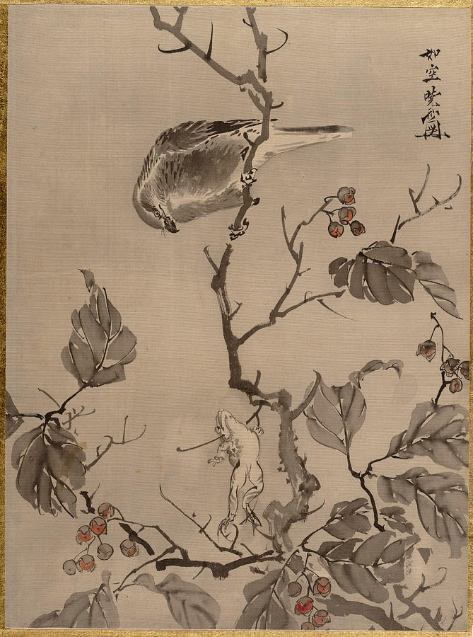 Bird and Frog Painting by Kawanabe Kyosai