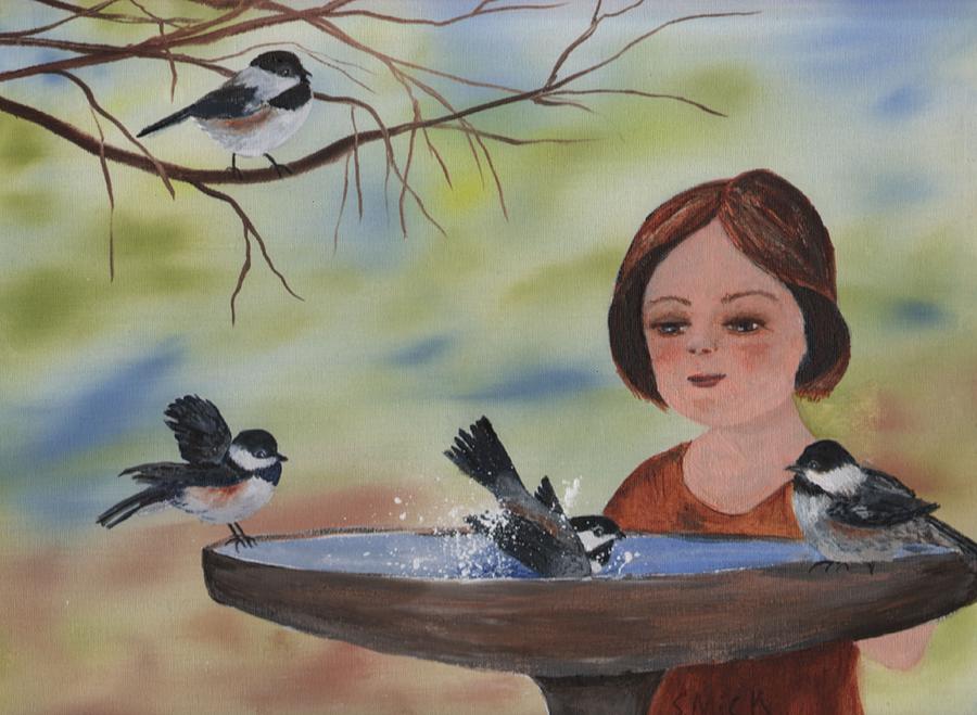 Bird Bath Time Painting by Sharon Mick