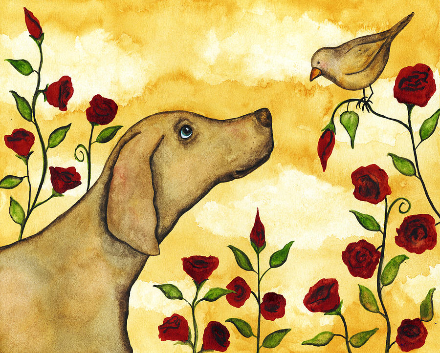 Bird Dog Pets Rose Floral Flower Whimsical Folk Debi Hubbs Art Painting by  Debi Hubbs - Fine Art America