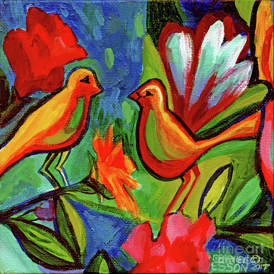 Bird Floral Diptych 1 Painting by Genevieve Esson