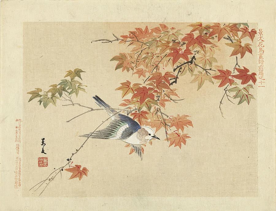 Bird flying through autumn branches Drawing by Matsumura Keibun