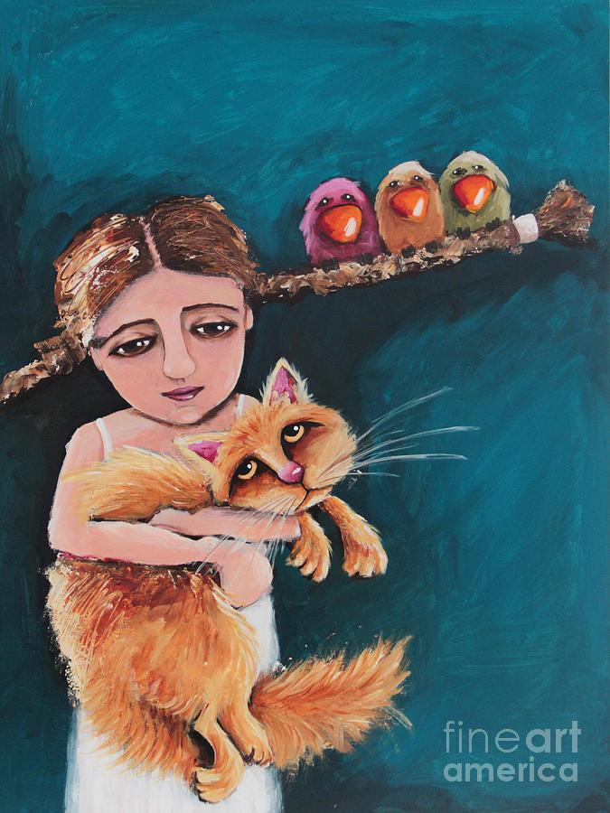 Bird Girl and the Red Cat Painting by Lucia Stewart