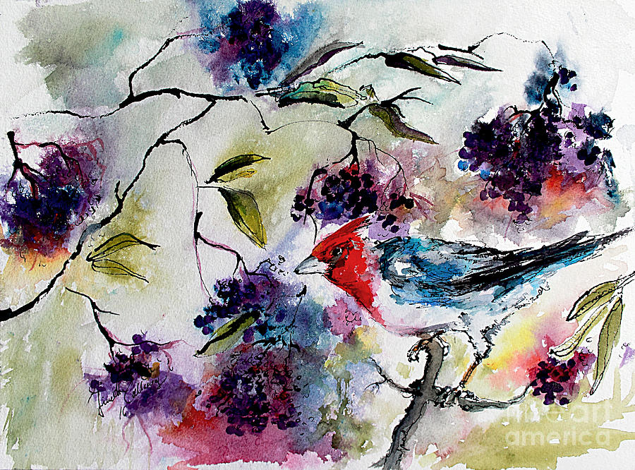 Bird In Elderberry Bush Watercolor Painting by Ginette Callaway