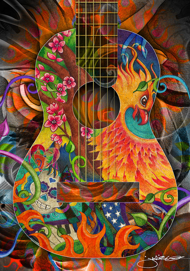 Phoenix Drawing - Bird of Fire Guitar by Julie Oakes