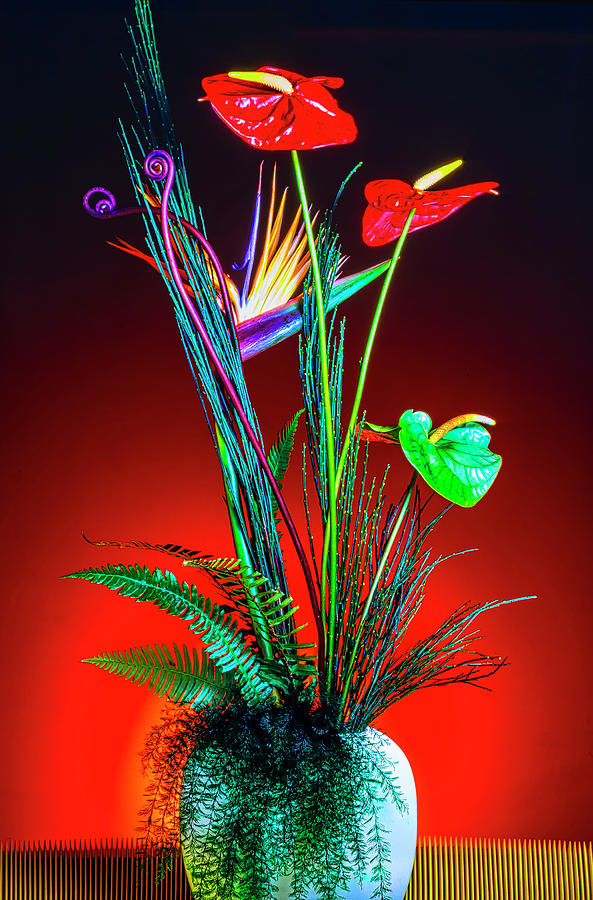 Bird Of Paradise And Anthuriums In Vase Photograph by Garry Gay