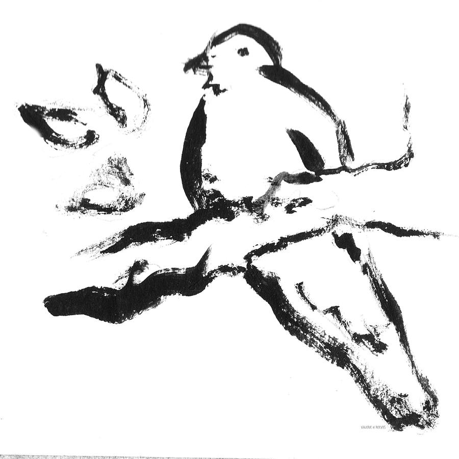 Bird on Branch BW Drawing by Valerie Reeves