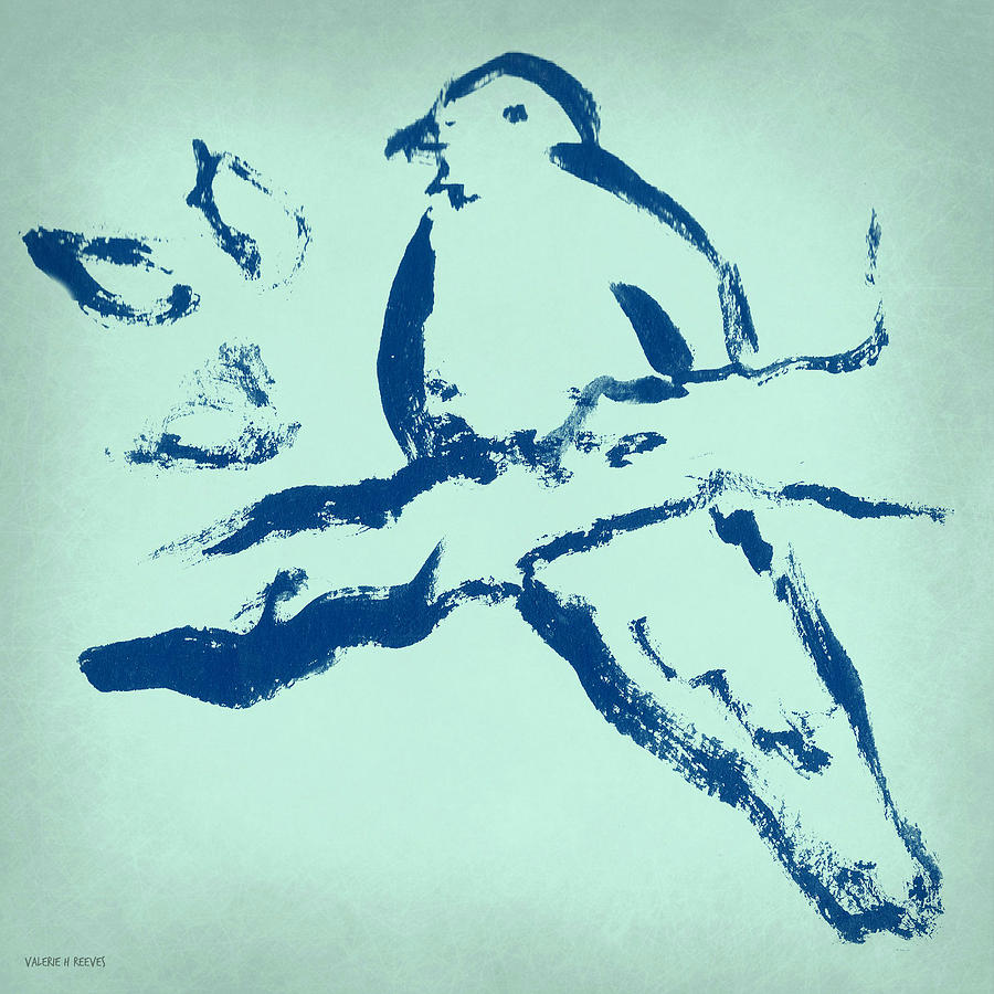 Bird on Branch in Blue Drawing by Valerie Reeves